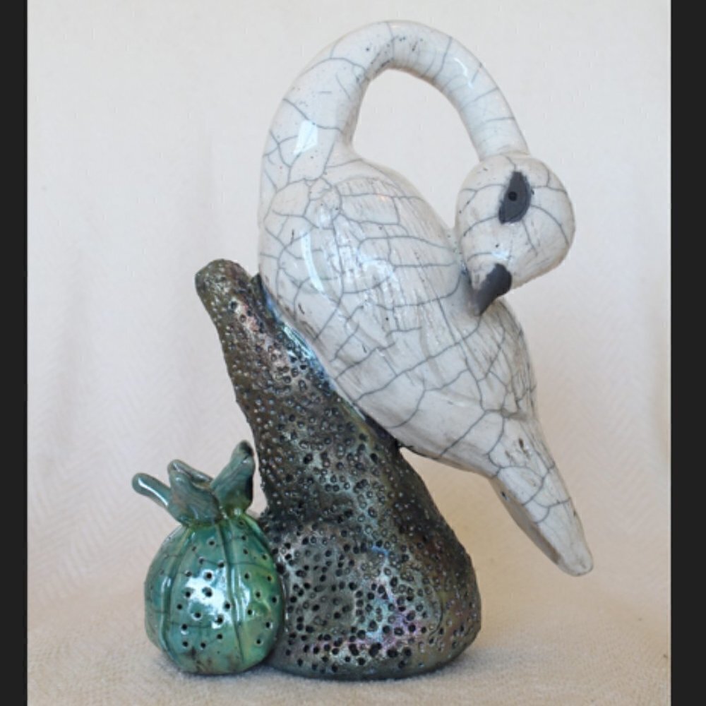 Hand made Raku bird on a rock cactus Ceramic sculpture shine glaze white cracks